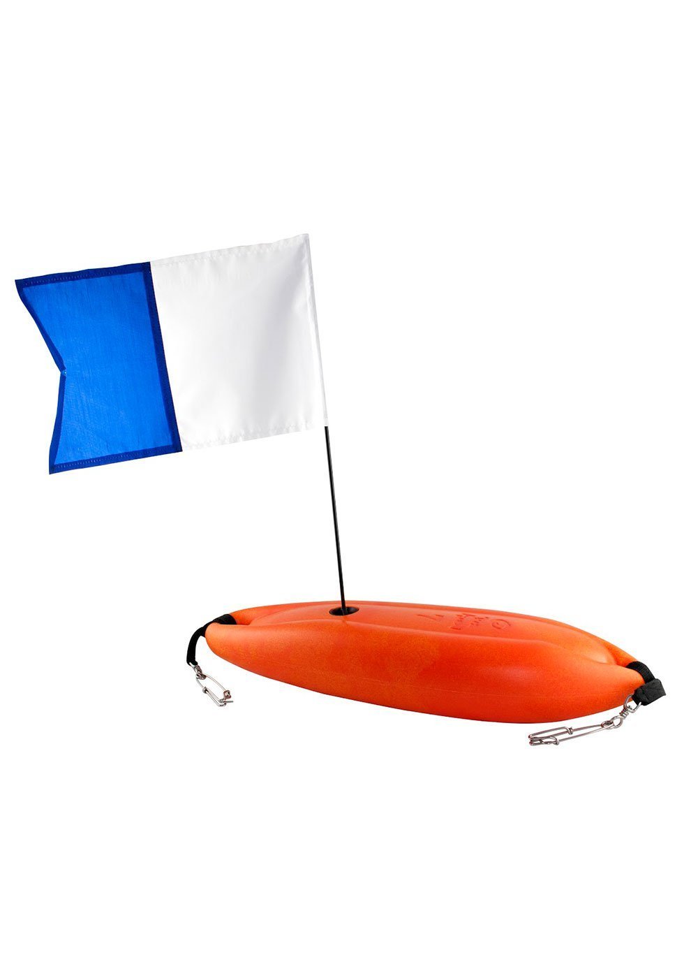 Orange Hard Float from Rob Allen of South Africa. The float comes with two shark clips and an "Alpha" dive flag on a plastic pole.