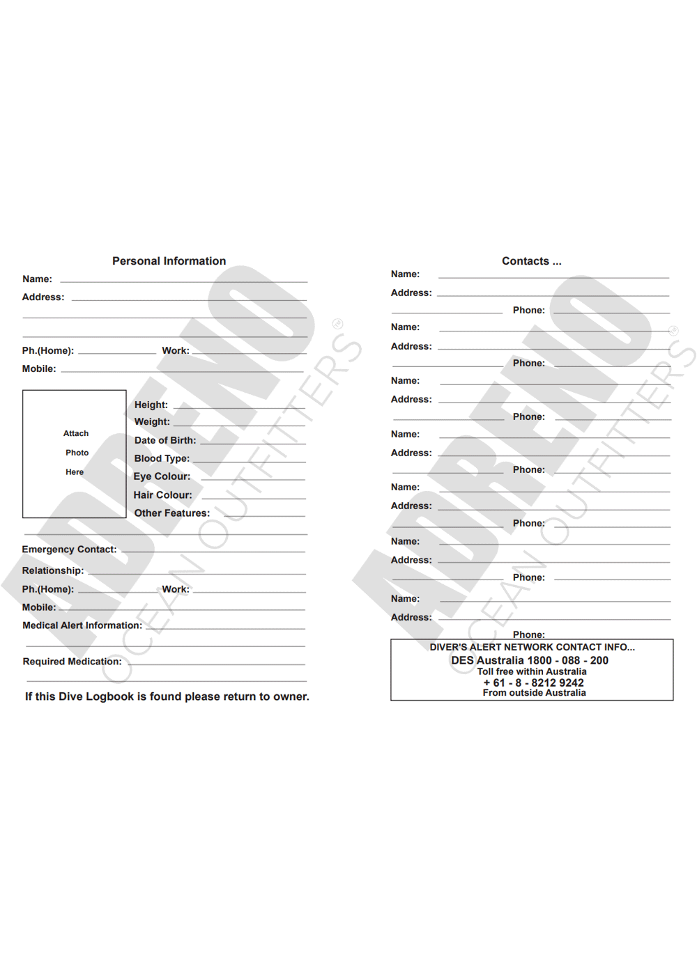 Adreno Scuba Diving Log Book