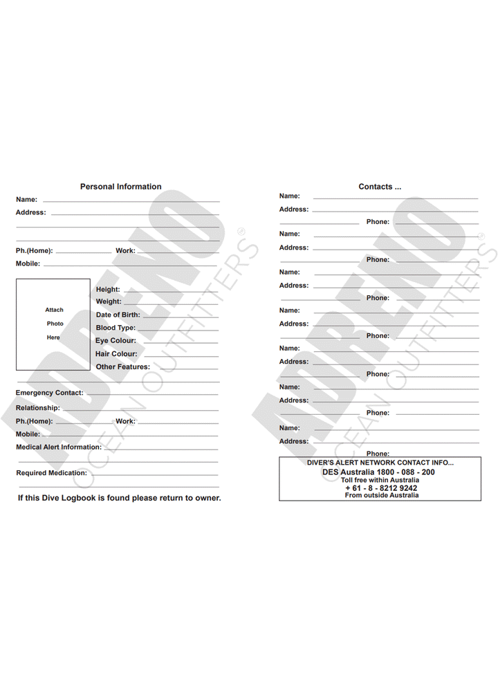 Adreno Scuba Diving Log Book