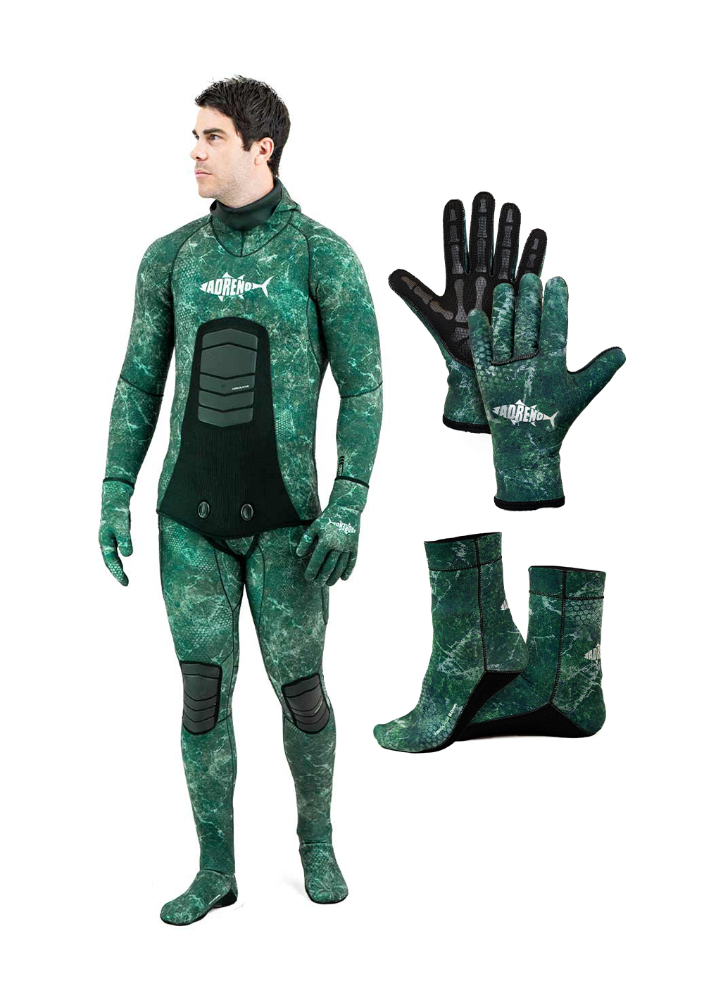 Adreno Mens Abrolhos 5.0mm Two Piece Wetsuit, Diving Gloves, Diving Socks - Package