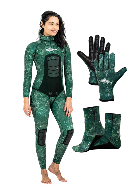 Adreno Womens Abrolhos 5.0mm Two Piece Wetsuit, Diving Gloves, Diving Socks - Package