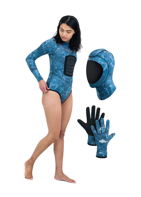 Adreno Womens Ascension 2.5mm Spring Suit, Diving Gloves, Diving Hood - Package