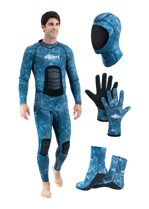 Adreno Mens Ascension 3.0mm Steamer, Diving Gloves, Diving Socks, Diving Hood - Package