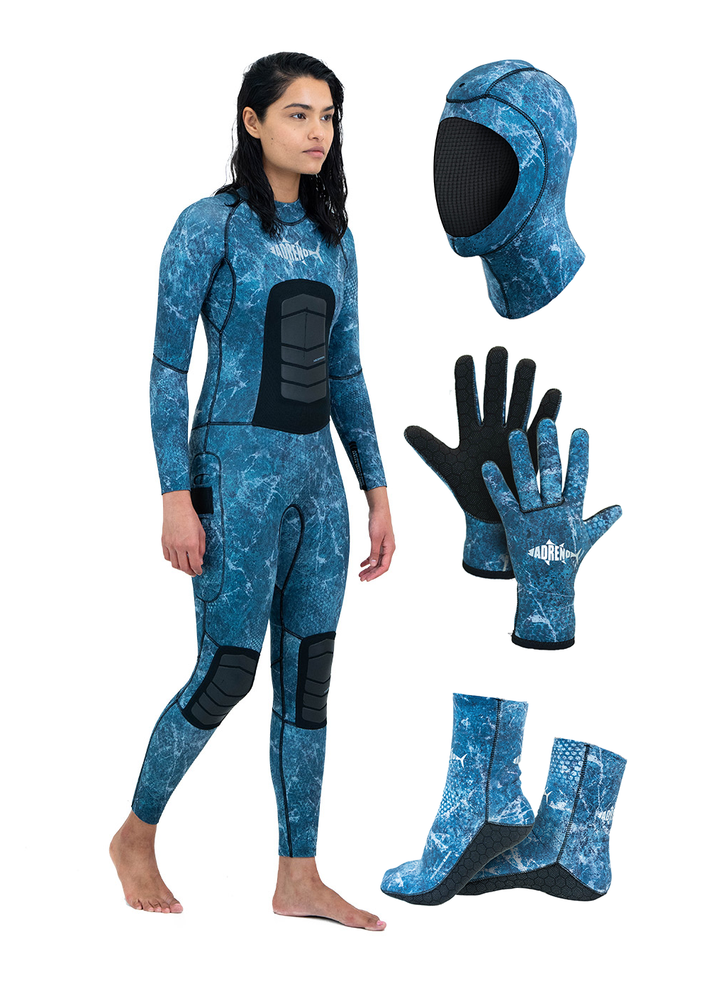 Adreno Womens Ascension 3.0mm Steamer, Diving Gloves, Diving Socks, Diving Hood - Package