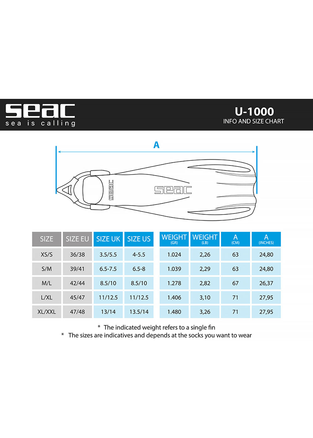 Seac U-1000 Sling Strap Open Heel Scuba Dive Fins