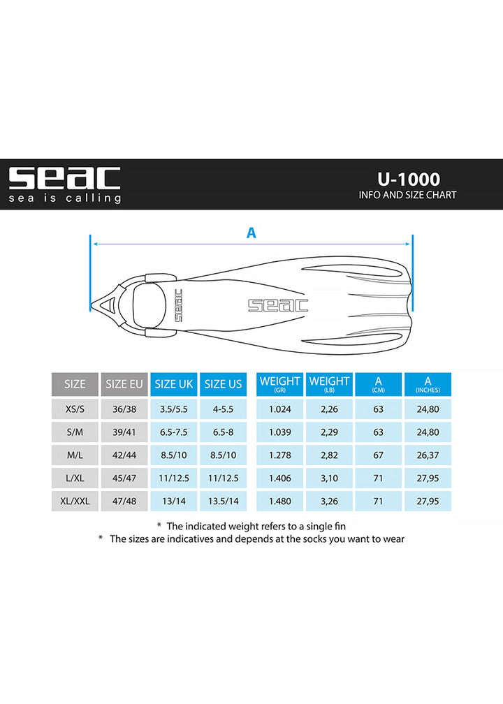 Seac U-1000 Sling Strap Open Heel Scuba Dive Fins