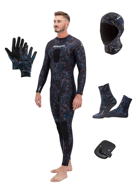 Spearo 7 Seas Mens 3.5mm Steamer, Diving Gloves, Diving Socks, Diving Hood & Camera Mount - Package