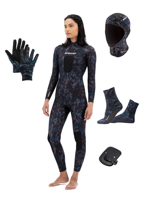 Spearo 7 Seas Womens 3.5mm Steamer, Diving Gloves, Diving Socks, Diving Hood & Camera Mount - Package
